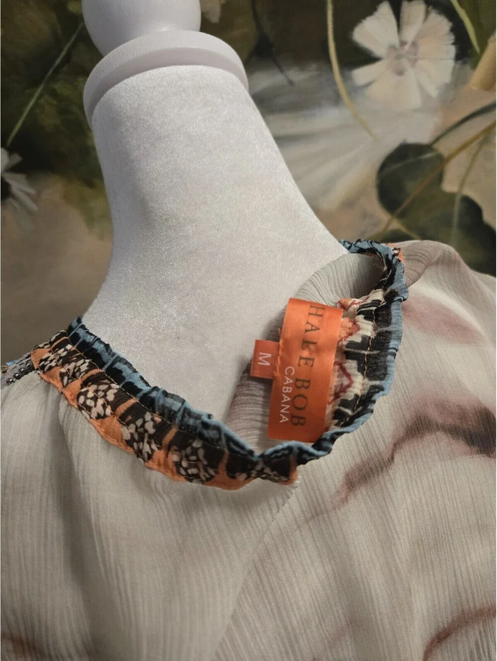 Hale Bob Women's Wearable Art Silk Crinkle Chiffon Beaded Detail Blouse Size M